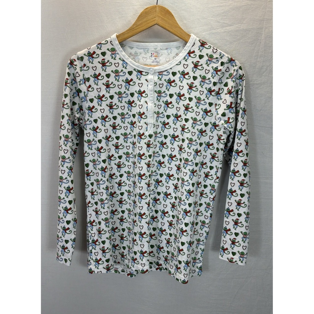 Roller Rabbit Holiday Monkey Long Sleeve Christmas Pajama Top White Womens sz M